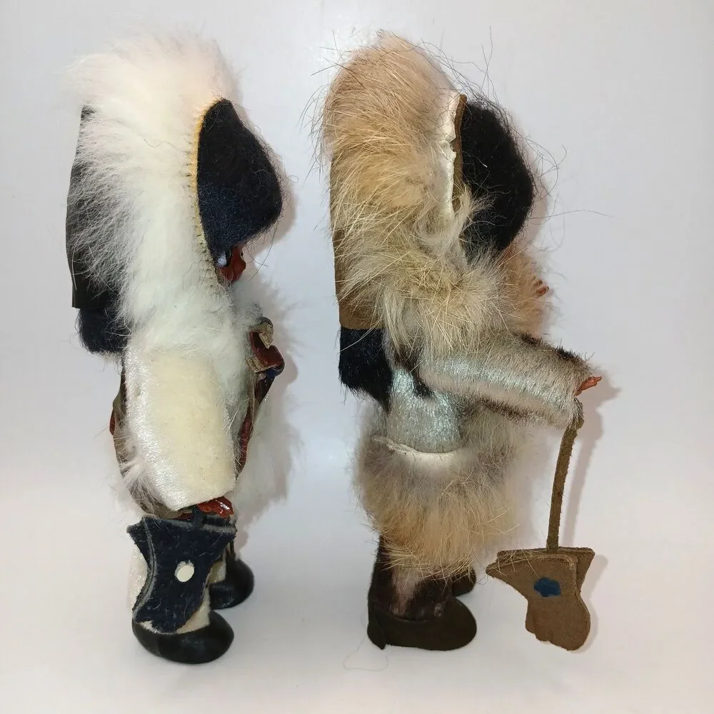 Vtg Native Alaskan Dolls x2 Real Fur Leather Sleepy Eyes Mittens Folk Art 6